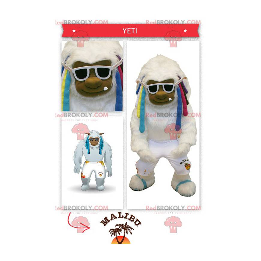 Grote witte yeti-mascotte met kleurrijke dreadlocks -
