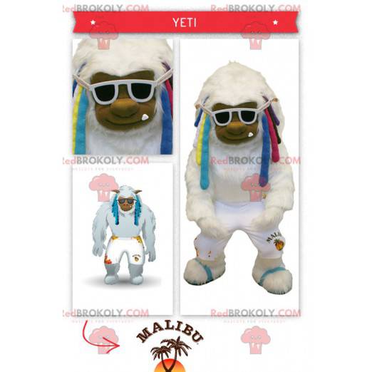 Grote witte yeti-mascotte met kleurrijke dreadlocks -