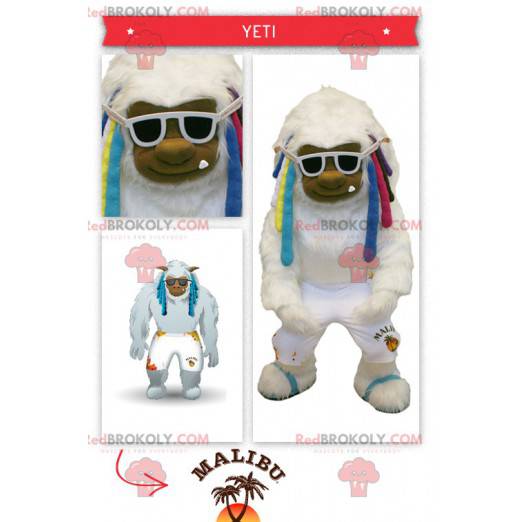 Stor hvit yeti-maskot med fargerike dreadlocks - Redbrokoly.com