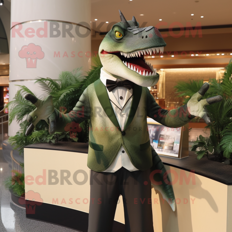 Olive Spinosaurus mascot costume character dressed with Tuxedo and Necklaces Olive Spinosaurus mascot costume character dressed with Tuxedo and Necklaces
