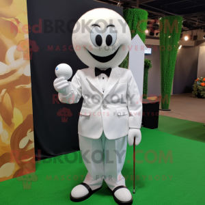 White Golf ball mascot costume character dressed with Jumpsuit and Bow ties