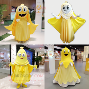 Lemon Yellow Ray mascot costume character dressed with Wedding Dress and Shawl pins