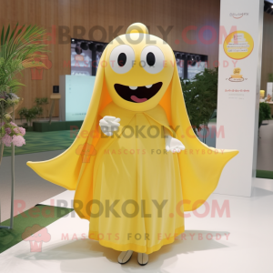 Lemon Yellow Ray mascot costume character dressed with Wedding Dress and Shawl pins