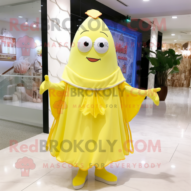 Lemon Yellow Ray mascot costume character dressed with Wedding Dress and Shawl pins