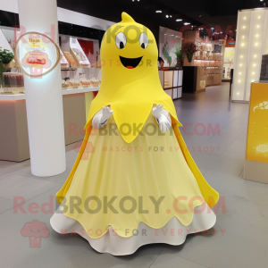 Lemon Yellow Ray mascot costume character dressed with Wedding Dress and Shawl pins