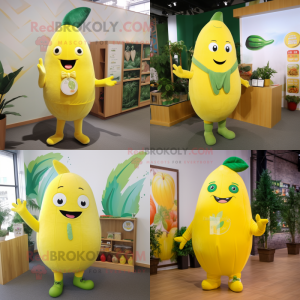 Lemon Yellow Zucchini mascot costume character dressed with Cardigan and Brooches