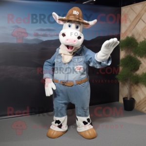 Peach Holstein cow mascot costume character dressed with Denim Shirt and Foot pads