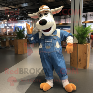 Peach Holstein cow mascot costume character dressed with Denim Shirt and Foot pads