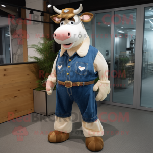 Peach Holstein cow mascot costume character dressed with Denim Shirt and Foot pads
