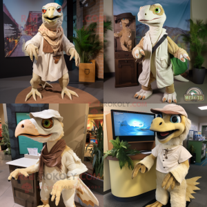 Cream Utahraptor mascot costume character dressed with Cargo Shorts and Shawls