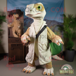 Cream Utahraptor mascot costume character dressed with Cargo Shorts and Shawls