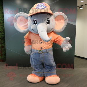 Peach Elephant mascot costume character dressed with Bootcut Jeans and Caps