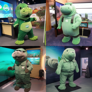 Green Stellar's sea cow mascot costume character dressed with Cargo Pants and Earrings