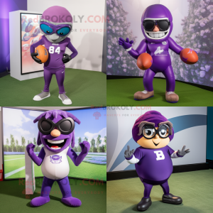 Purple American football helmet mascot costume character dressed with Yoga Pants and Eyeglasses