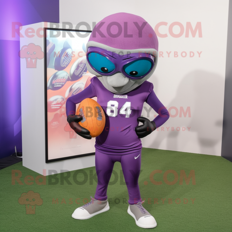 Purple American football helmet mascot costume character dressed with Yoga Pants and Eyeglasses