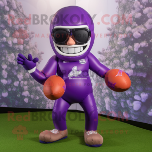 Purple American football helmet mascot costume character dressed with Yoga Pants and Eyeglasses