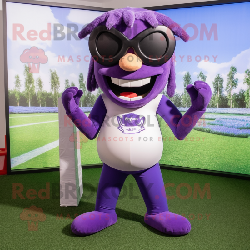 Purple American football helmet mascot costume character dressed with Yoga Pants and Eyeglasses