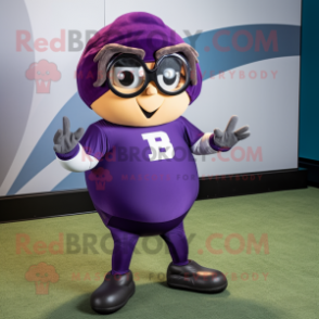 Purple American football helmet mascot costume character dressed with Yoga Pants and Eyeglasses