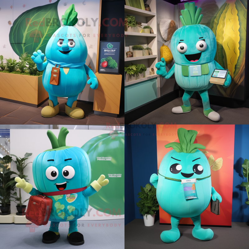 Turquoise Turnip mascot costume character dressed with Bodysuit and Wallets