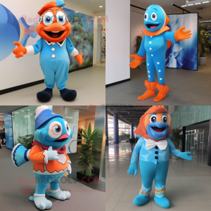 Sky Blue Clown fish mascot costume character dressed with Dress Pants and Foot pads