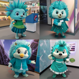 Teal Hedgehog mascot costume character dressed with Wrap Skirt and Headbands