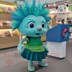 Teal Hedgehog mascot costume character dressed with Wrap Skirt and Headbands