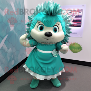 Teal Hedgehog mascot costume character dressed with Wrap Skirt and Headbands