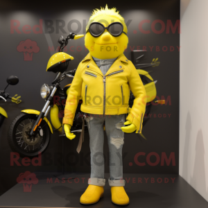 Lemon Yellow Canary mascot costume character dressed with Biker Jacket and Wallets