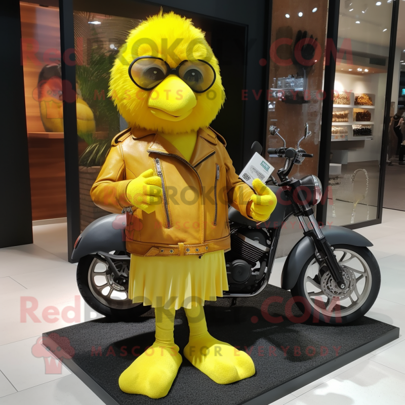 Lemon Yellow Canary mascot costume character dressed with Biker Jacket and Wallets