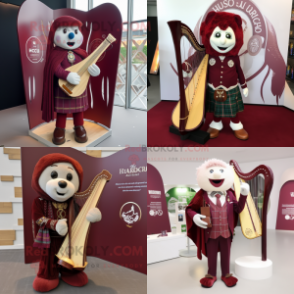 Maroon Celtic harp mascot costume character dressed with Suit Jacket and Brooches