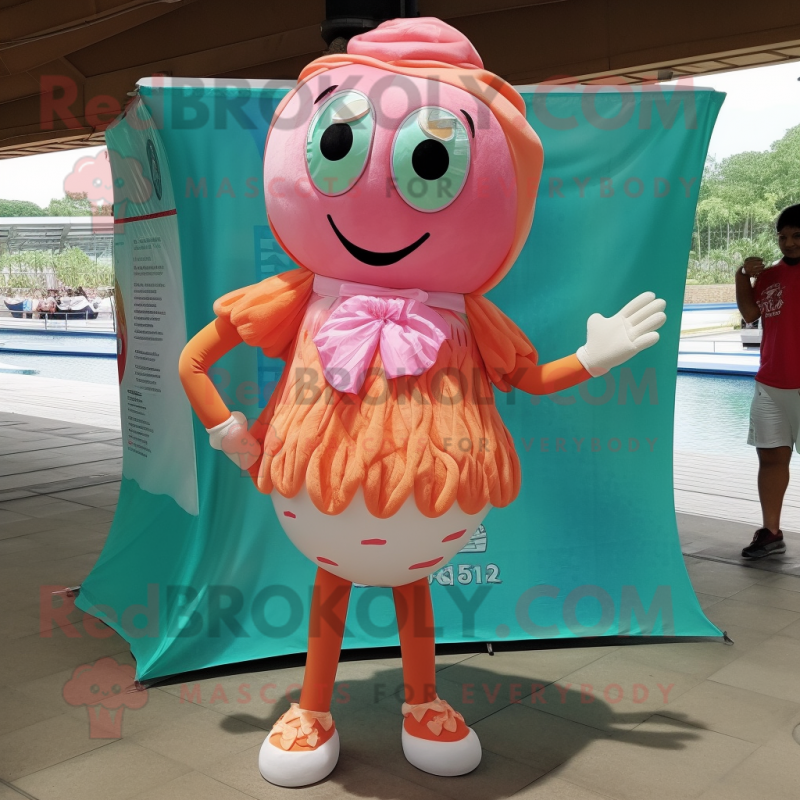Peach mermaid mascot costume character dressed with Board Shorts and Scarf clips Peach mermaid mascot costume character dressed with Board Shorts and Scarf clips