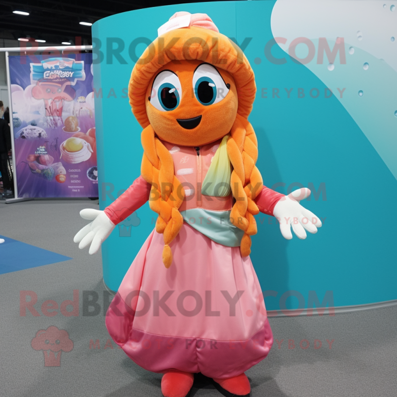 Peach mermaid mascot costume character dressed with Board Shorts and Scarf clips