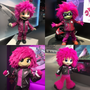 Magenta Cod mascot costume character dressed with Moto Jacket and Hair clips