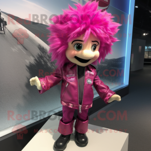 Magenta Cod mascot costume character dressed with Moto Jacket and Hair clips