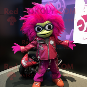 Magenta Cod mascot costume character dressed with Moto Jacket and Hair clips