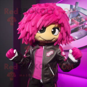 Magenta Cod mascot costume character dressed with Moto Jacket and Hair clips