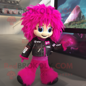 Magenta Cod mascot costume character dressed with Moto Jacket and Hair clips