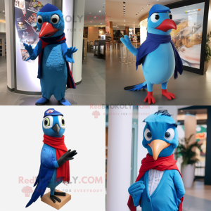Blue Woodpecker mascot costume character dressed with Turtleneck and Scarves