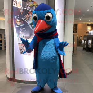 Blue Woodpecker mascot costume character dressed with Turtleneck and Scarves