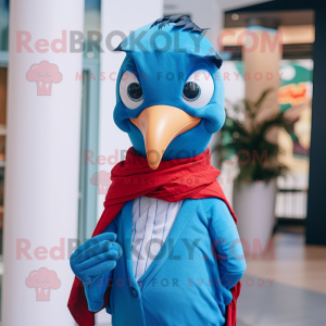 Blue Woodpecker mascot costume character dressed with Turtleneck and Scarves