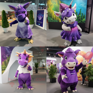 Purple Triceratops mascot costume character dressed with Maxi Skirt and Beanies