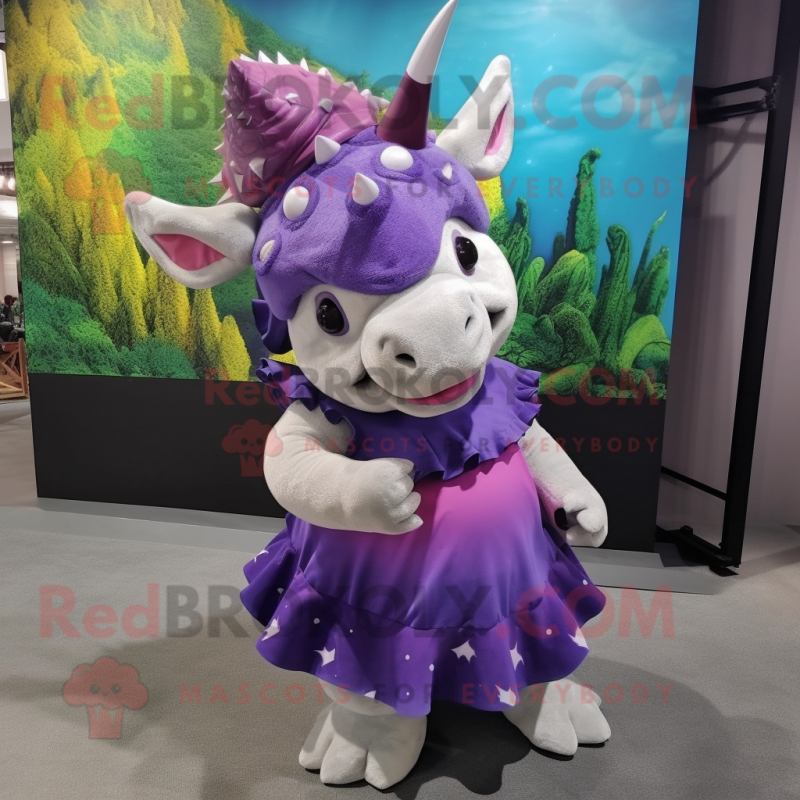 Purple Triceratops mascot costume character dressed with Maxi Skirt and Beanies Purple Triceratops mascot costume character dressed with Maxi Skirt and Beanies