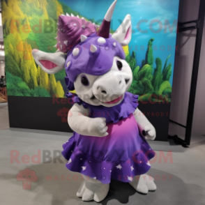 Purple Triceratops mascot costume character dressed with Maxi Skirt and Beanies
