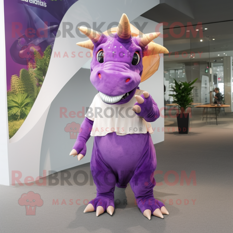 Purple Triceratops mascot costume character dressed with Maxi Skirt and Beanies Purple Triceratops mascot costume character dressed with Maxi Skirt and Beanies