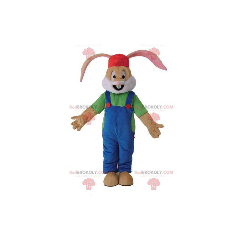 Bruin konijn mascotte gekleed in overall - Redbrokoly.com