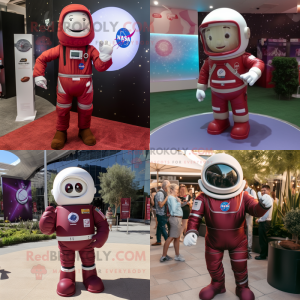 Maroon Astronaut mascot costume character dressed with Skinny Jeans and Pocket squares