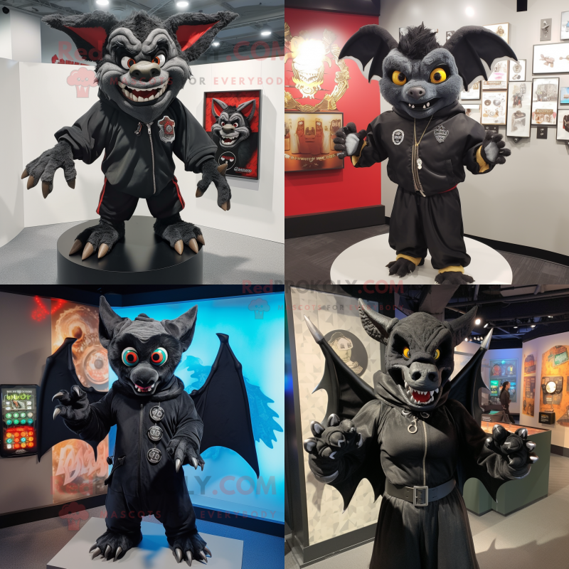Black Gargoyle mascot costume character dressed with Bomber Jacket and Shawl pins Black Gargoyle mascot costume character dressed with Bomber Jacket and Shawl pins