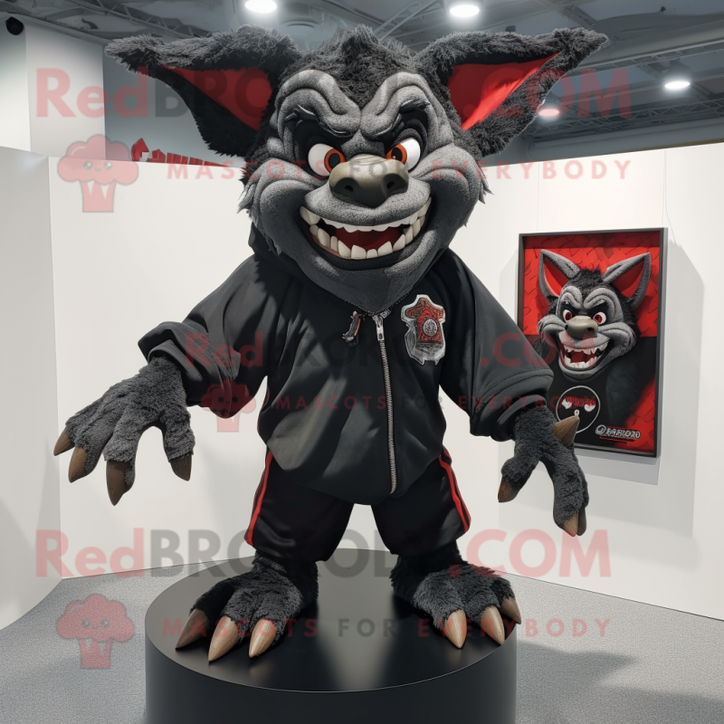 Black Gargoyle mascot costume character dressed with Bomber Jacket and Shawl pins