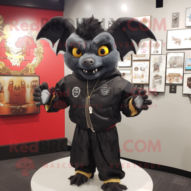 Black Gargoyle mascot costume character dressed with Bomber Jacket and Shawl pins