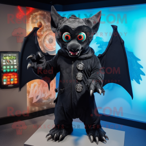 Black Gargoyle mascot costume character dressed with Bomber Jacket and Shawl pins